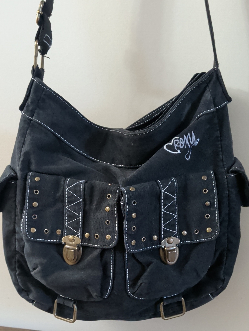Roxy Y2K Black Suede-Style Shoulder Bag with Studded Front Pockets